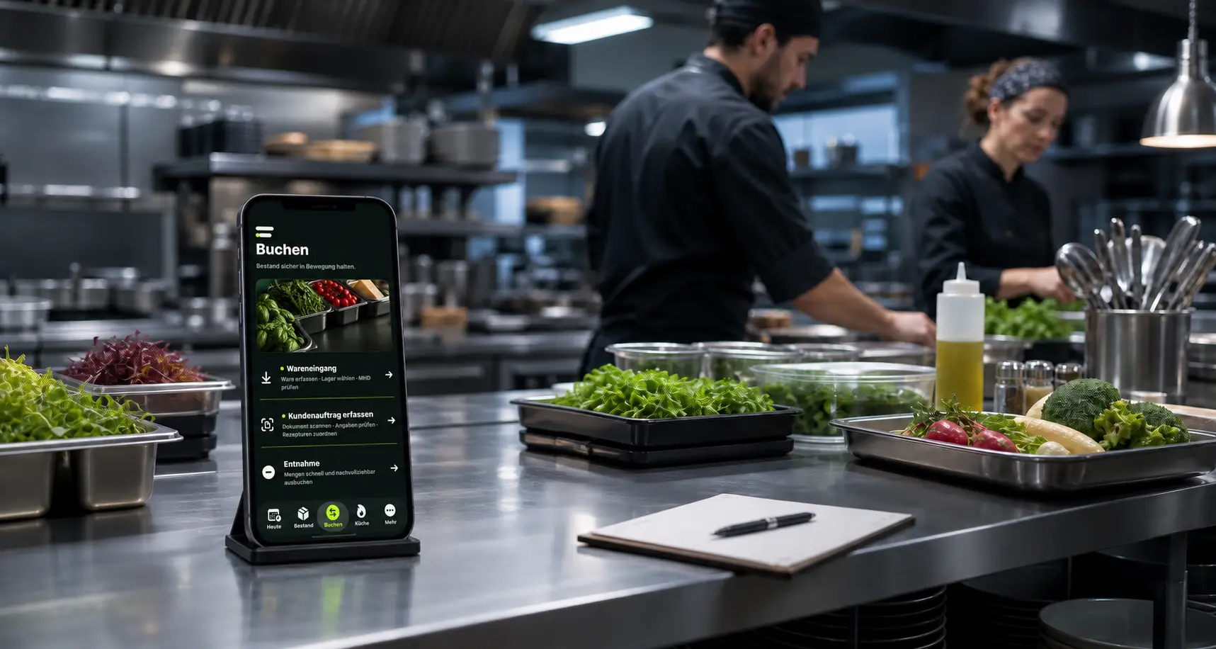FreshTrack Business mit der aktuellen Buchen-Ansicht auf einem iPhone vor einem Küchenteam