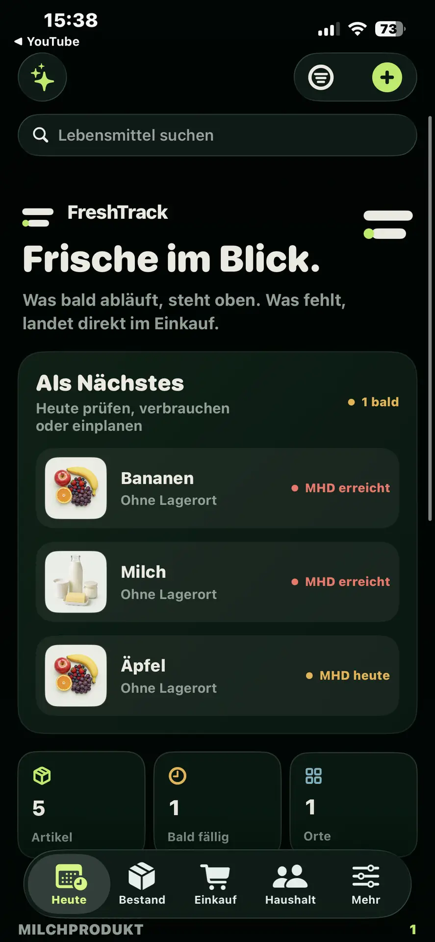 FreshTrack Personal: Frische im Blick mit Bananen, Milch und Äpfeln sowie Haltbarkeitsübersicht